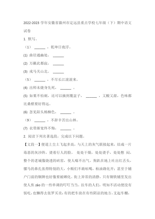 2022-2023学年安徽省滁州市定远县重点学校七年级(下)期中语文试卷(含答案解析)