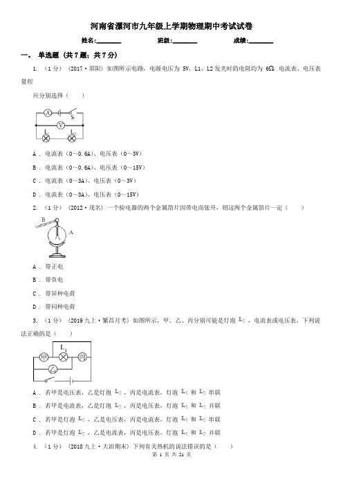 河南省漯河市九年级上学期物理期中考试试卷