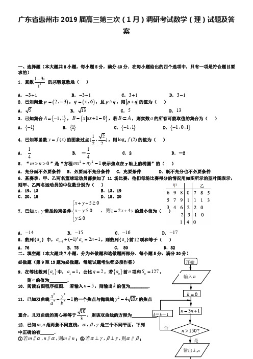 广东省惠州市2019届高三第三次(1月)调研考试数学(理)试题及答案