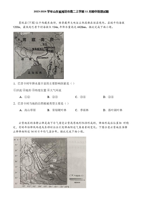 2023-2024学年山东省潍坊市高二上学期11月期中地理试题