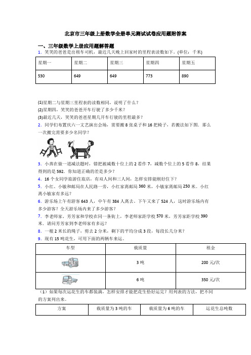 北京市三年级上册数学全册单元测试试卷应用题附答案