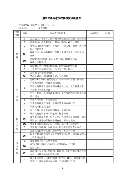 履带式单斗液压挖掘机技术检查表