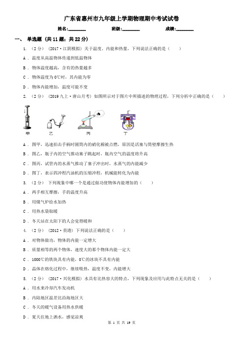 广东省惠州市九年级上学期物理期中考试试卷