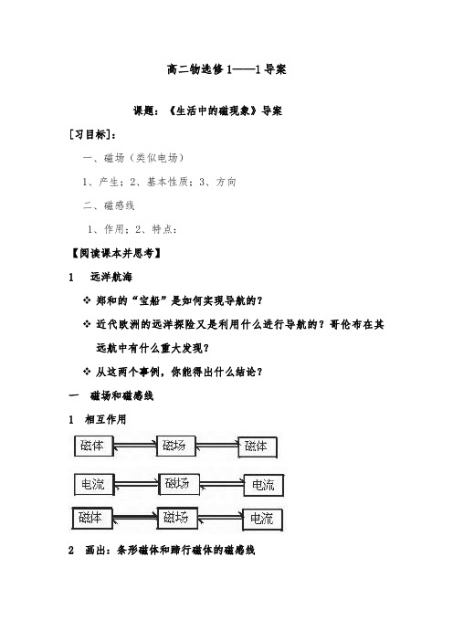 [精品]新人教版选修1-1高中物理(文)2.1生活中的磁现象导学案