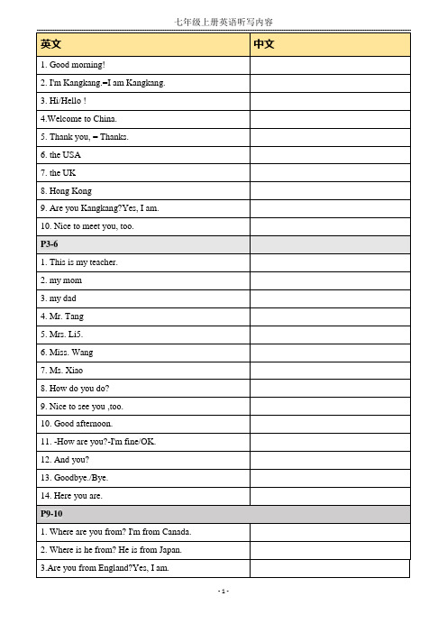 (word完整版)最新仁爱英语七年级上册短语和句子全复习(英翻中)