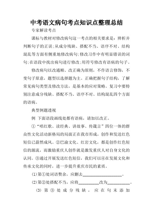 中考语文病句考点知识点整理总结