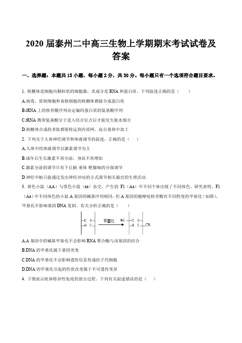 2020届泰州二中高三生物上学期期末考试试卷及答案