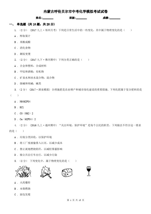 内蒙古呼伦贝尔市中考化学模拟考试试卷