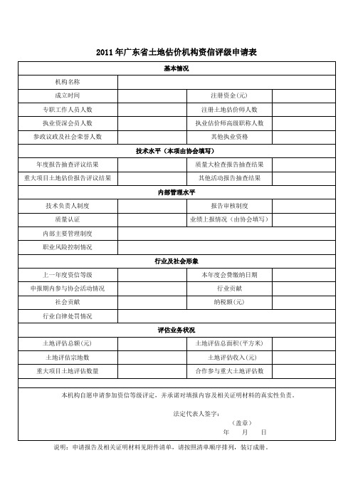 2011年广东省土地估价机构资信评级申请表