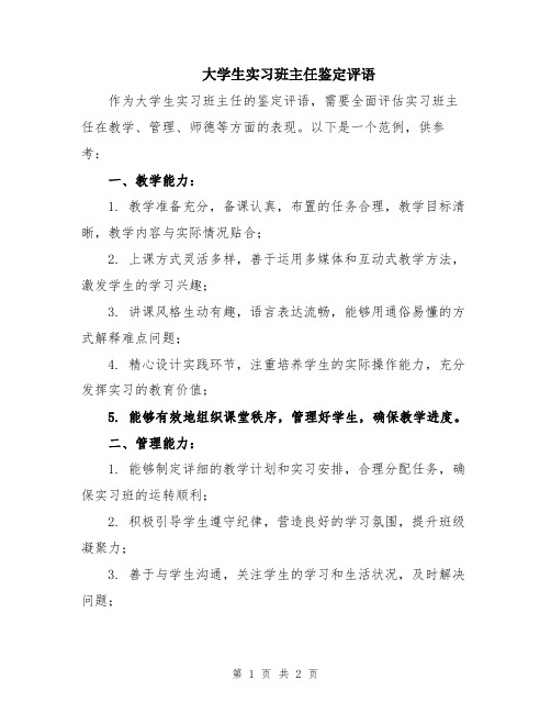 大学生实习班主任鉴定评语