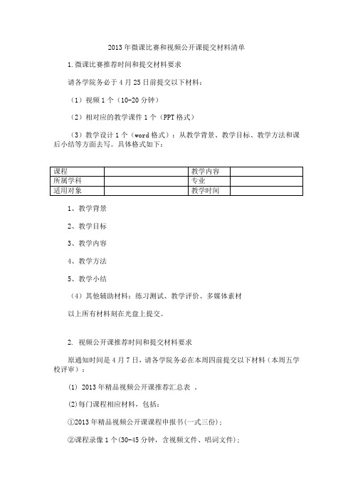 2013年微课比赛和视频公开课提交材料清单