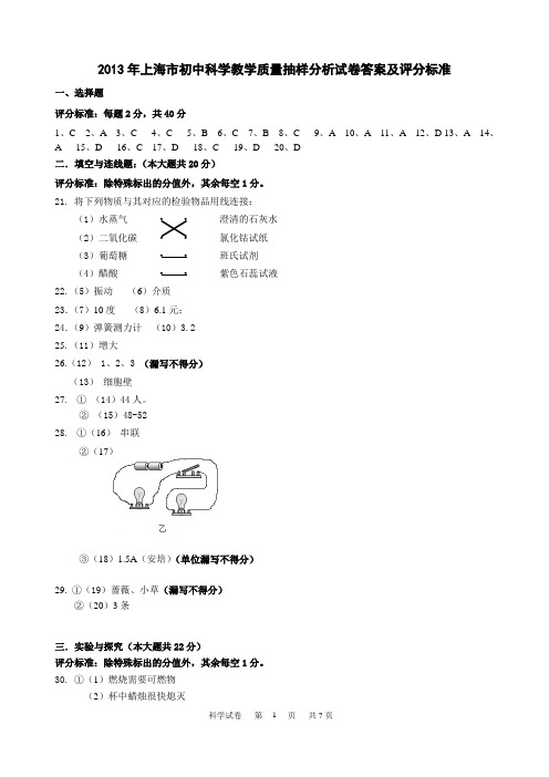 2013年上海市初中科学教学质量抽样分析试卷答案和答题纸