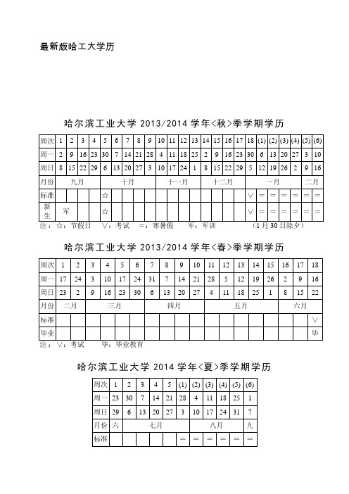 最新版哈尔滨工业大学校历(2014年-2017年)