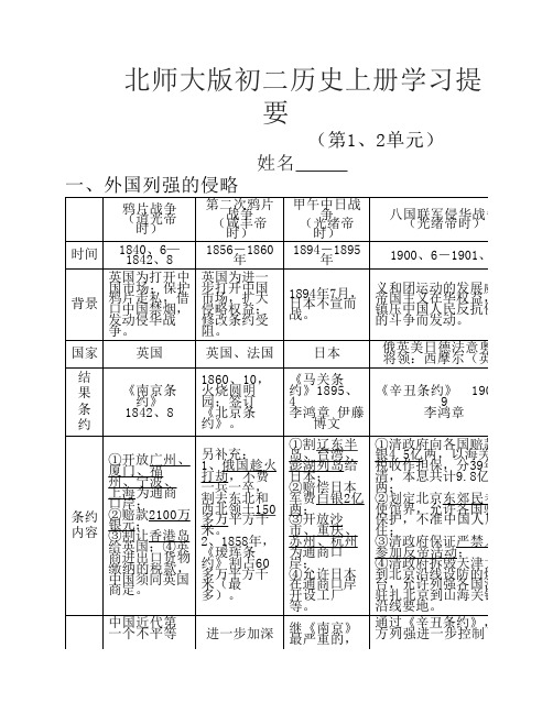 北师大版初二历史上册学习提要