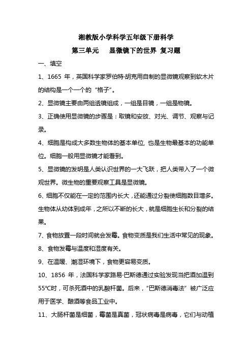 湘教版小学科学五年级下册科学《第三单元 显微镜下的世界》 复习题