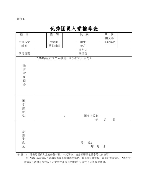 优秀团员入党推荐表