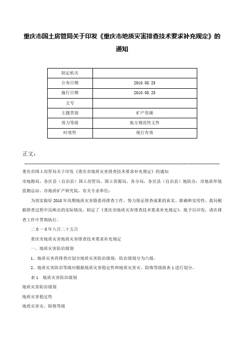 重庆市国土房管局关于印发《重庆市地质灾害排查技术要求补充规定》的通知-