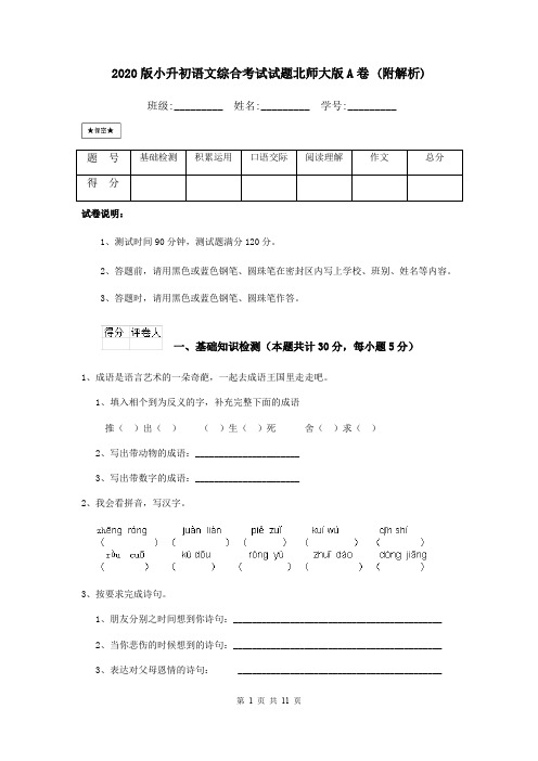 2020版小升初语文综合考试试题北师大版A卷 (附解析)