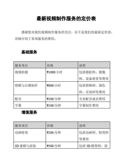 最新视频制作服务的定价表