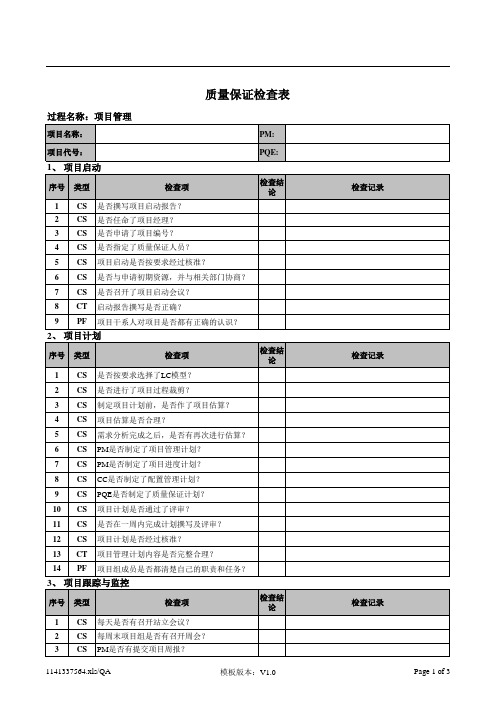 QA项目管理过程检查表