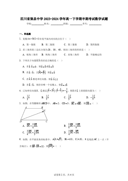 四川省渠县中学2023-2024学年高一下学期半期考试数学试题