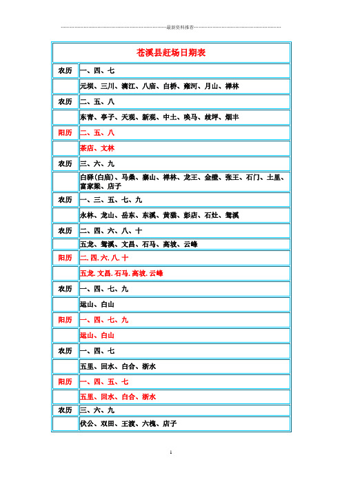 苍溪县赶场日期表精编版