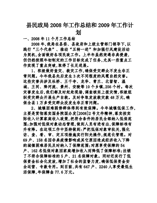 县民政局2008年工作总结和2009年工作计划