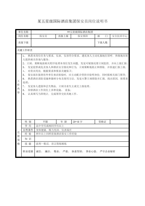 五星级国际酒店集团保安员岗位说明书