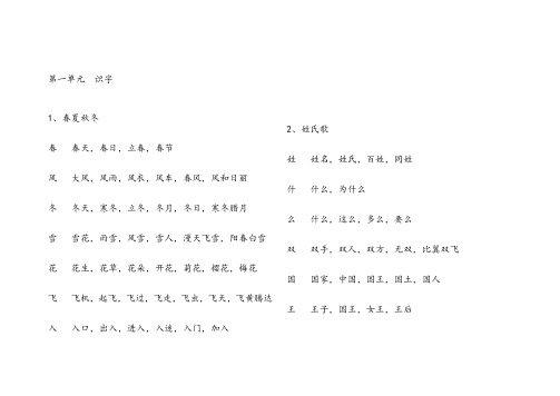 人教版小学语文一年级下册写字表