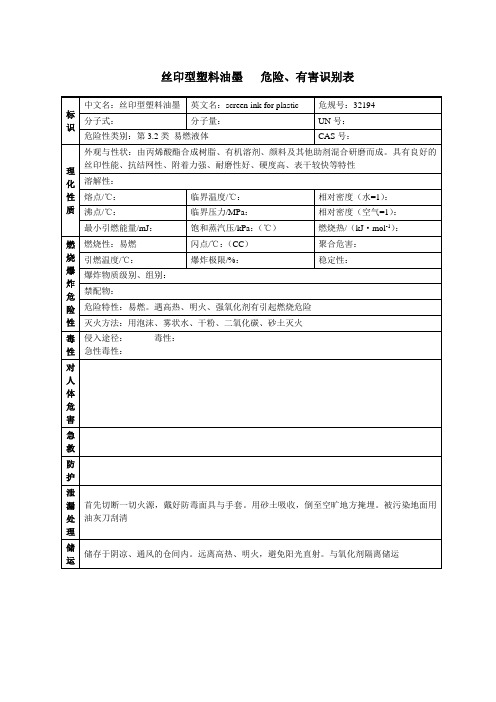 丝印型塑料油墨   危险、有害识别表