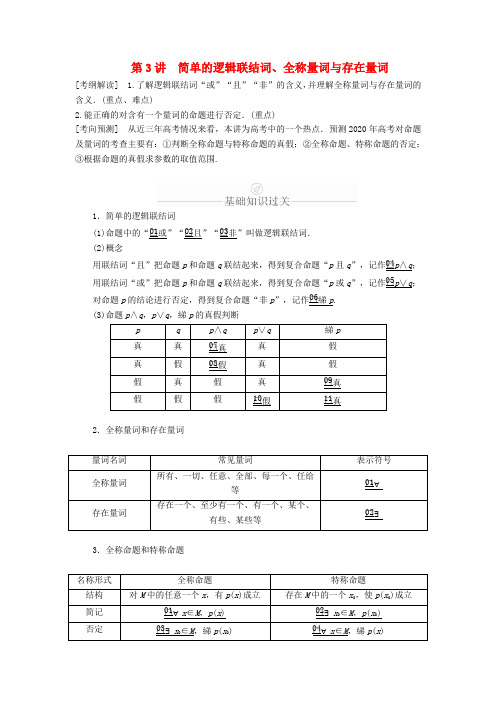 2020版高考数学一轮复习第1章集合与常用逻辑用语第3讲简单的逻辑联结词全称量词与存在量词讲义理含解析