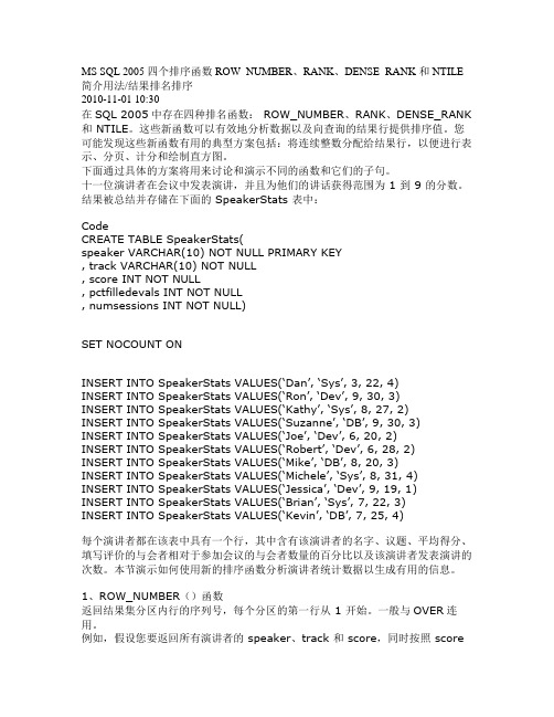 MS SQL 2005 四个排序函数ROW_NUMBER、RANK、DENSE_RANK 和 NTILE简介用法结果排名排序