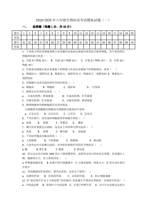 2019-2020年八年级生物结业考试模拟试题(一)