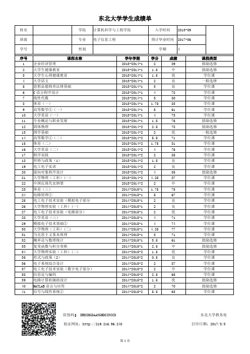 东北大学学生成绩单 成绩表模板