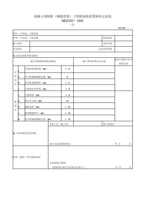 混凝土预制桩(钢筋骨架)工程检验批质量验收记录表Ⅰ