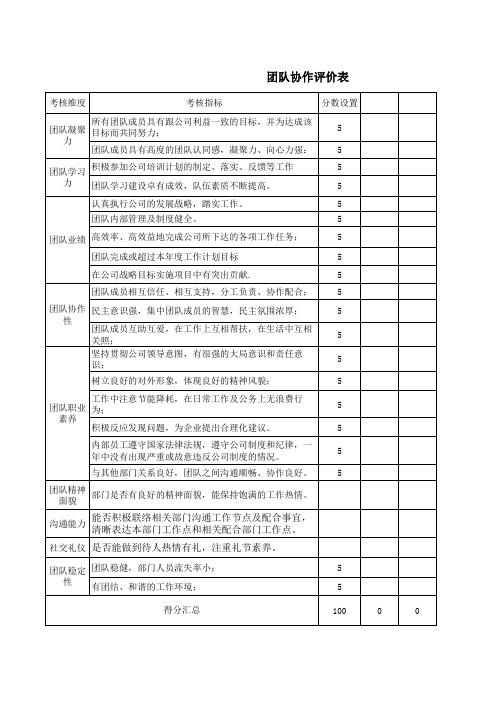 团队协作评价表