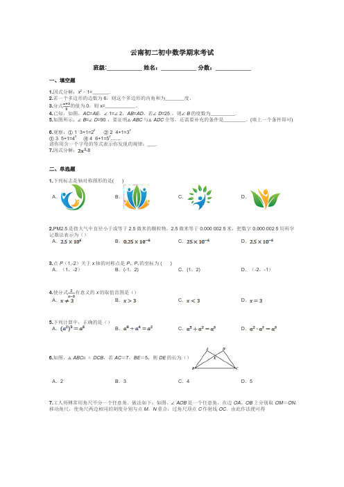 云南初二初中数学期末考试带答案解析
