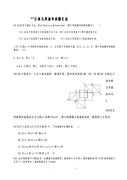 高中数学立体几何真题试题大全