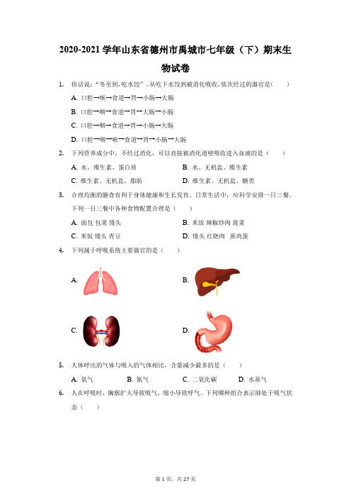 2020-2021学年山东省德州市禹城市七年级(下)期末生物试卷(附答案详解)