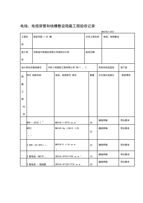 电线电缆穿管和线槽敷设隐蔽工程验收记