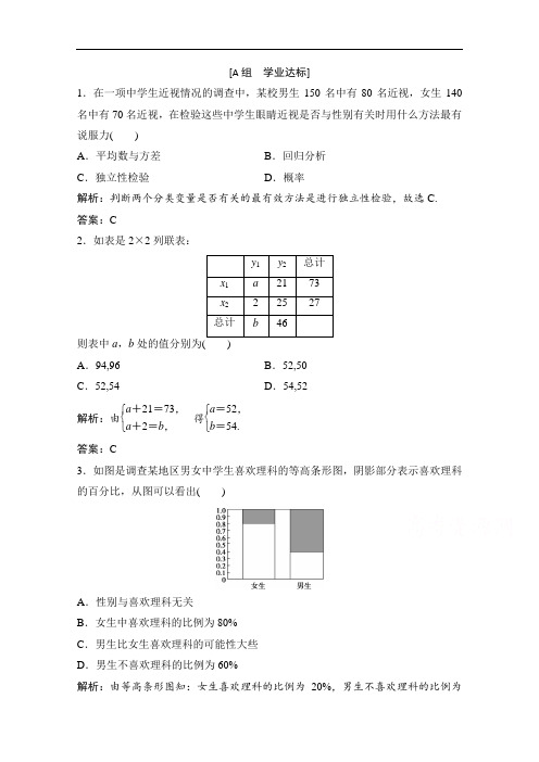 2020-2021学年人教A版数学选修1-2配套训练：1.2 独立性检验的基本思想及其初步应用