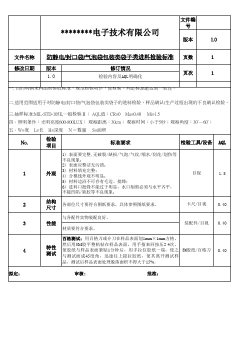 防静电、封口袋、气泡袋包装类袋子类进料检验标准