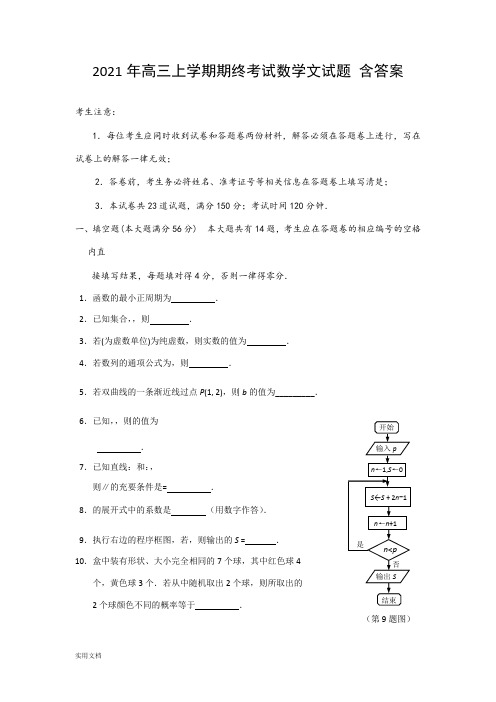 2021-2022年高三上学期期终考试数学文试题 含答案