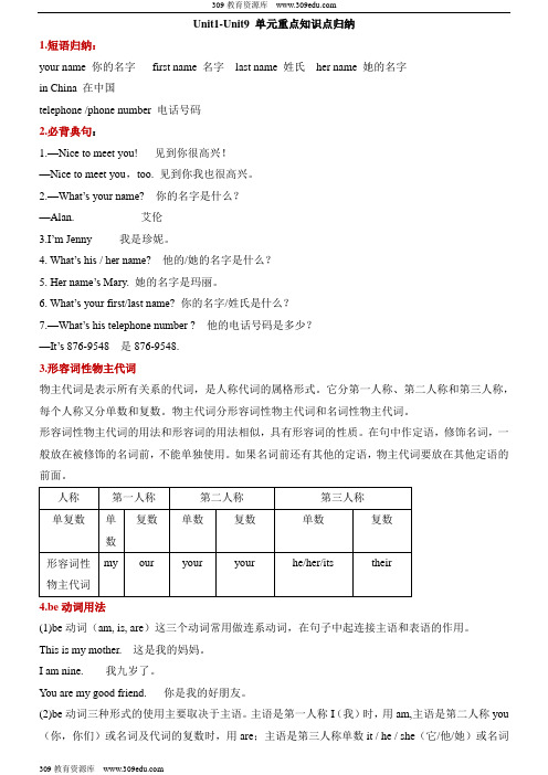 人教版英语七年级上册Unit1-Unit9 单元重点知识点归纳