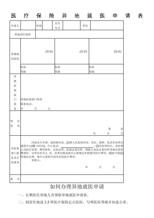 医疗保险异地就医申请表