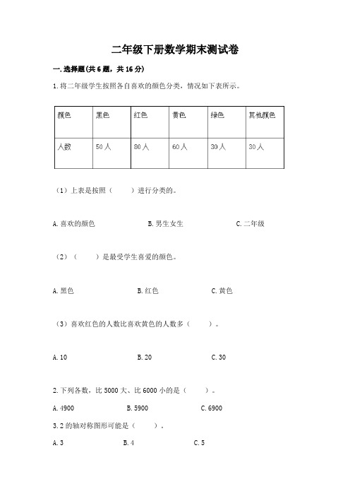 二年级下册数学期末测试卷(全国通用)word版