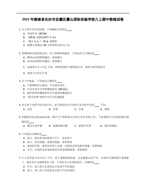 2022年湖南省长沙市岳麓区麓山国际实验学校八年级上学期期中物理试卷(含答案)