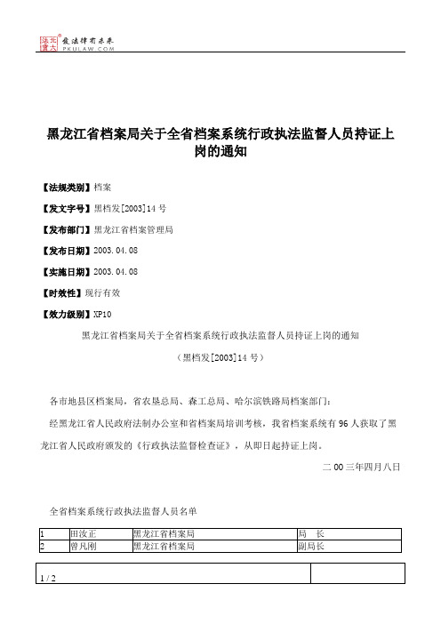 黑龙江省档案局关于全省档案系统行政执法监督人员持证上岗的通知