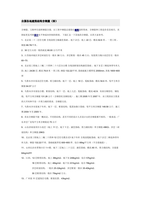 全国各地建筑结构含钢量实例