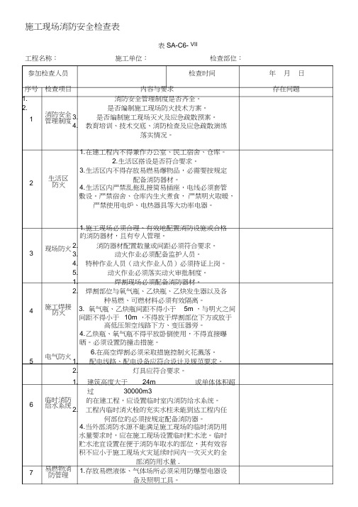 施工现场消防安全检查表